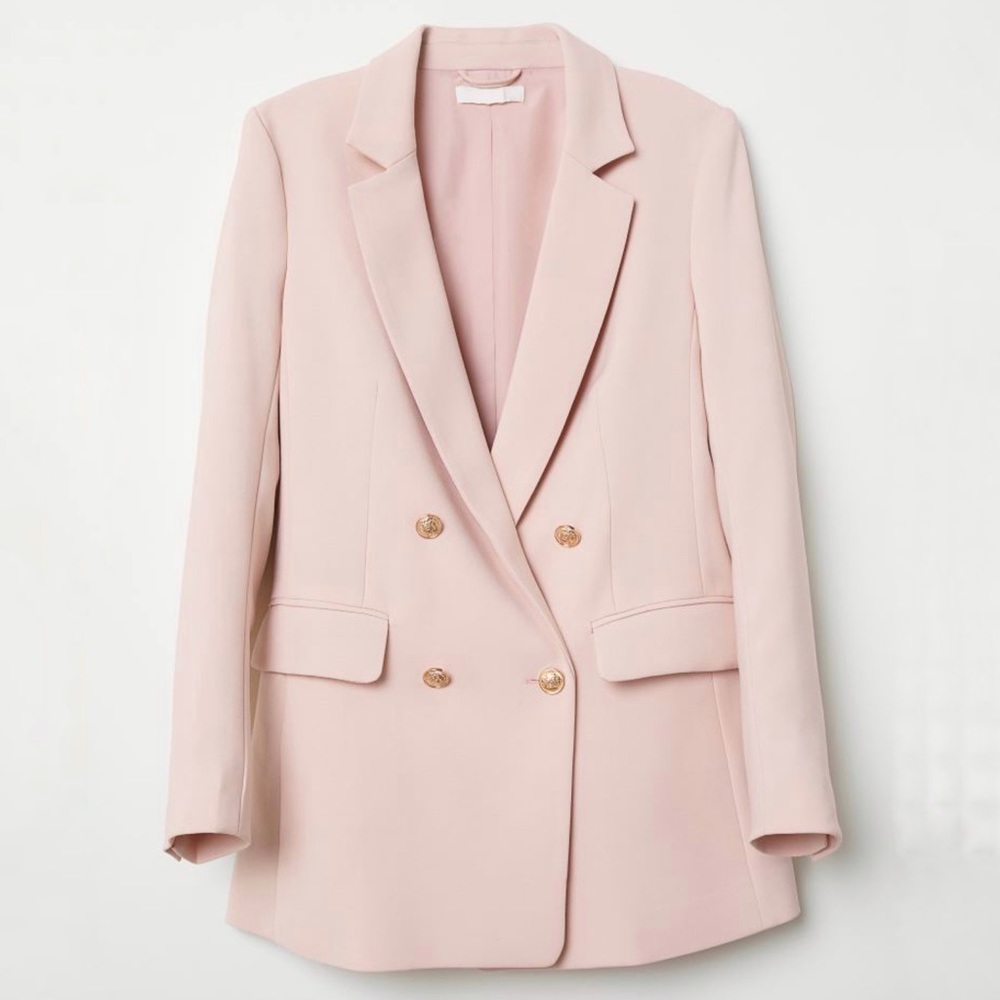 H&M Baby Pink Double Breasted Oversized Blazer Jacket Gold Buttons Size 12